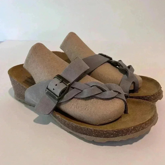 Mila Paoli Italian Gray Braided Leather wedge Cork Footbed sandals Size 9.5 EUC - Picture 2 of 9